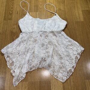 Y2K Style Sheer Asymmetric Lace Cami Top Blouse Sz L White Romantic Dainty Fairy